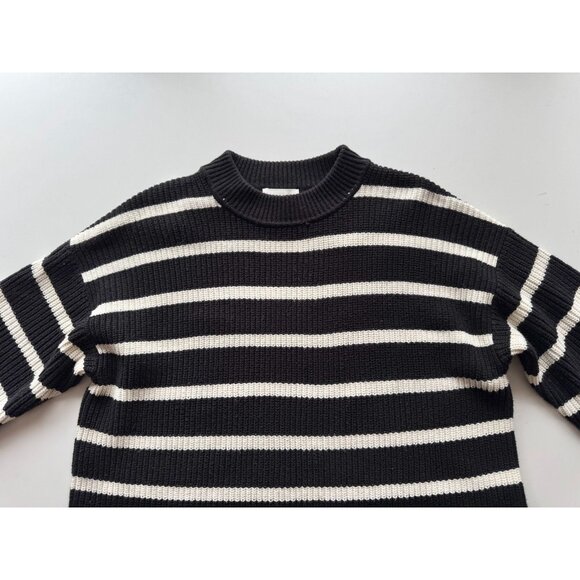 H&M Black Ivory Striped Cotton Chunky Rib Knit Crew Neck Loose Sweater, Size S - Picture 9 of 14